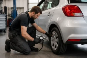 Un mécanicien vérifie la pression pneu opel corsa dans un atelier automobile lumineux.
