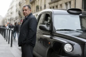 Un chauffeur de taxi professionnel debout près de son véhicule sur une rue urbaine animée pour illustrer le prix licence taxi.