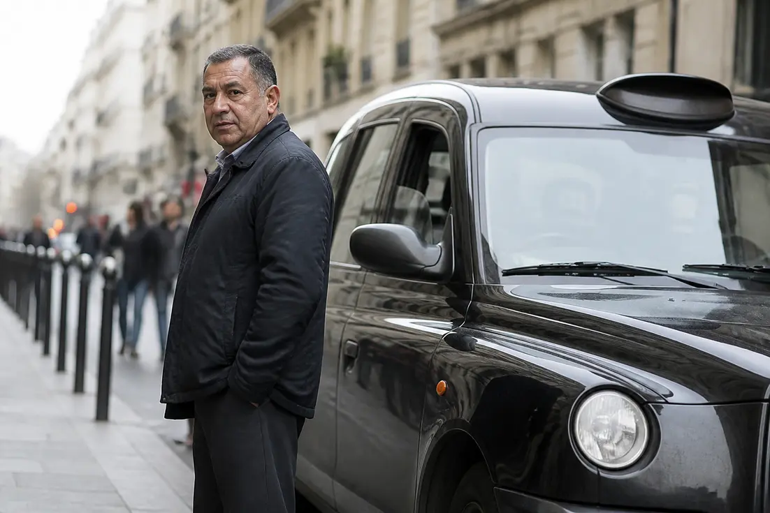 Un chauffeur de taxi professionnel debout près de son véhicule sur une rue urbaine animée pour illustrer le prix licence taxi.