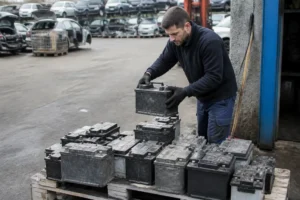 Un mécanicien dépose une vieille batterie lors d'un rachat batterie usagée prix en centre de recyclage.