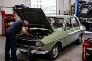 Un mécanicien examine le moteur d'une Renault 12 dans un atelier illustrant les Renault 12 raisons succès
