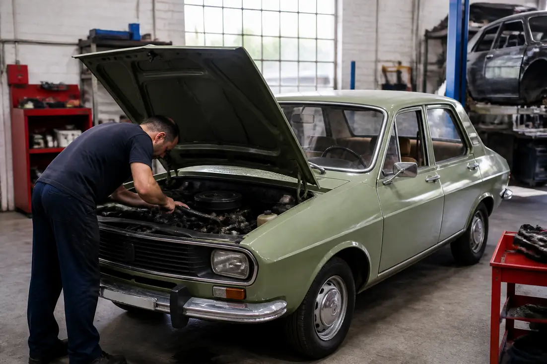 Un mécanicien examine le moteur d'une Renault 12 dans un atelier illustrant les Renault 12 raisons succès