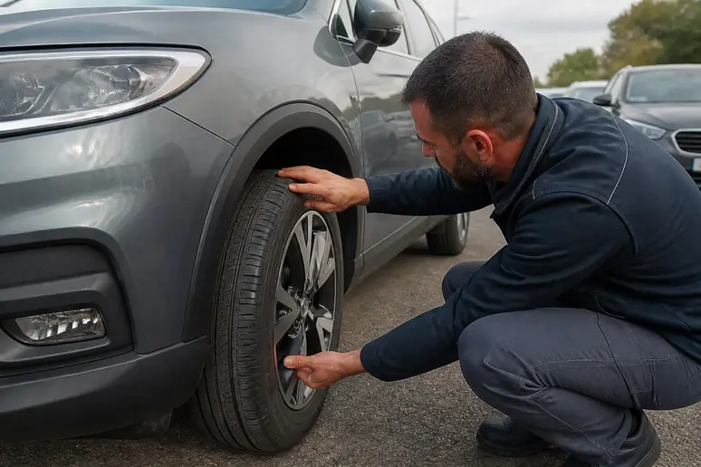 Mécanicien inspectant un pneu de véhicule d'occasion sur un parc automobile avant la vente