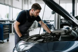 Un mécanicien effectue une révision automobile dans un atelier avec speedy avis.