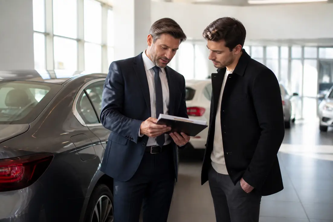 Un client et un vendeur examinez des documents lors d'une transaction avec transakauto avis dans un garage automobile.