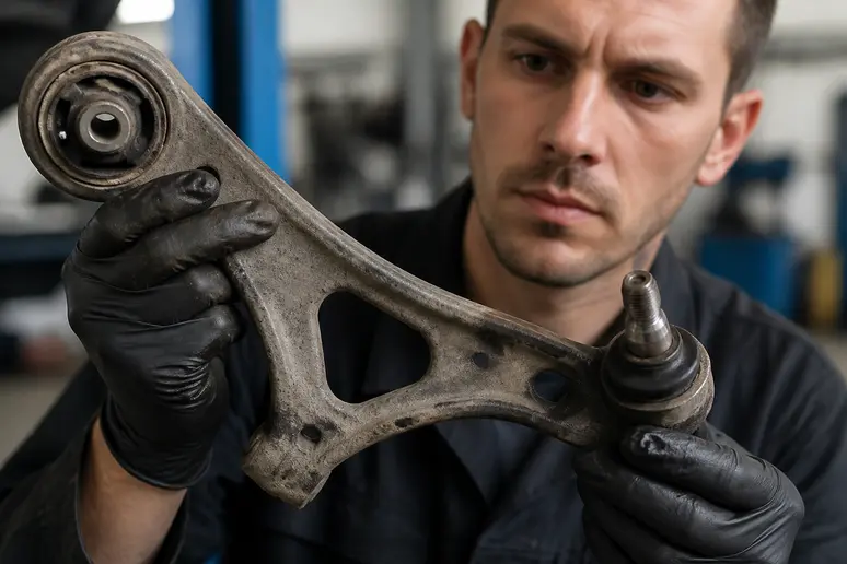 Examen minutieux d'un triangle de suspension usagé et de ses silentblocs en atelier