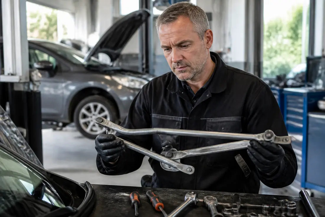 Mécanicien inspectant une tringlerie essuie glace sur un établi dans un atelier automobile lumineux
