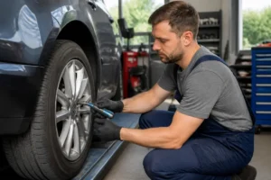 Un mécanicien professionnel remplace une valve pneu sur une roue de voiture dans un atelier automobile bien éclairé