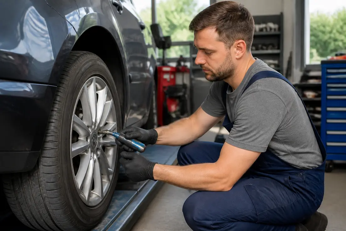 Un mécanicien professionnel remplace une valve pneu sur une roue de voiture dans un atelier automobile bien éclairé
