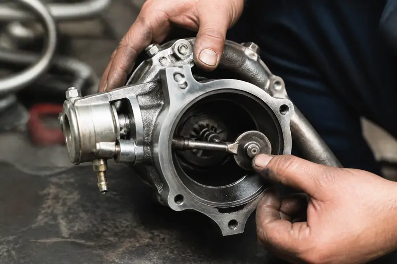 Mécanicien inspectant une wastegate interne intégrée dans le carter de turbine d'un turbocompresseur.