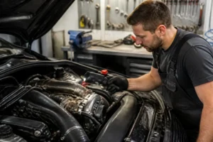 Mécanicien inspectant le turbocompresseur et sa wastegate turbo dans un atelier automobile bien éclairé.