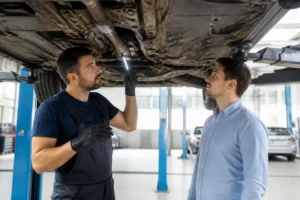 guide achat occasion : mécanicien inspectant le châssis d'une voiture d'occasion dans un atelier