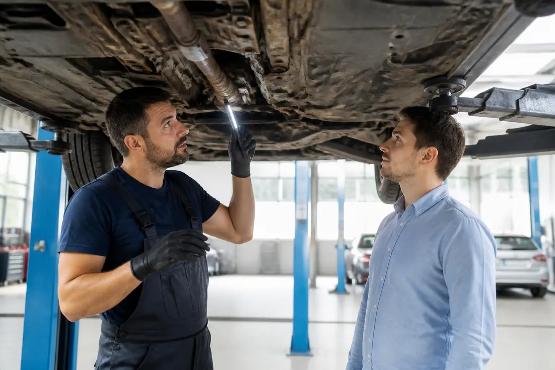 guide achat occasion : mécanicien inspectant le châssis d'une voiture d'occasion dans un atelier