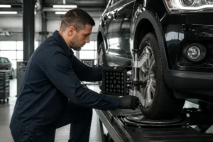 Mécanicien ajustant la géométrie avec précision en utilisant l'axe longitudinal voiture parallélisme dans un atelier automobile moderne