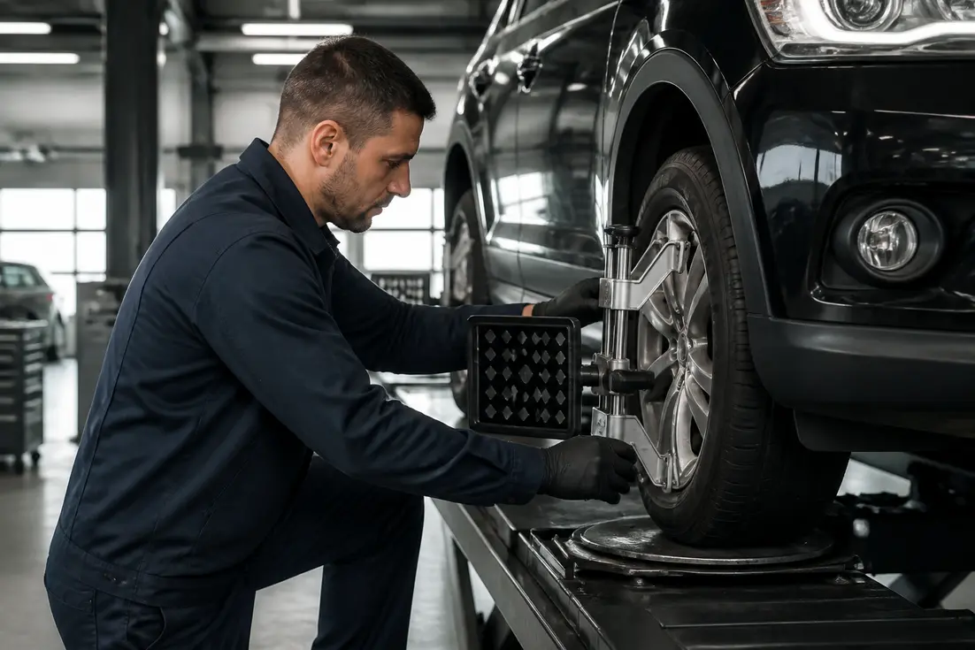 Mécanicien ajustant la géométrie avec précision en utilisant l'axe longitudinal voiture parallélisme dans un atelier automobile moderne