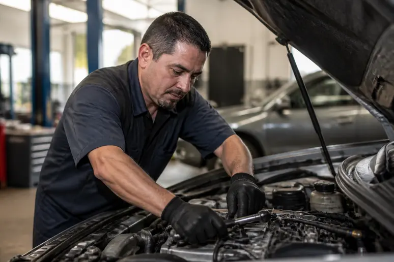 Mécanicien inspectant le compartiment moteur d'une BMW Série 1 F20 en atelier.