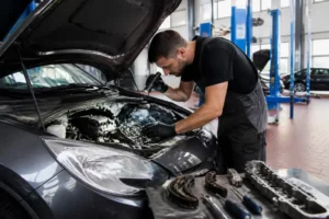 Un mécanicien examine le compartiment moteur d'une BMW Série 1 F20 dans un atelier automobile lumineux.