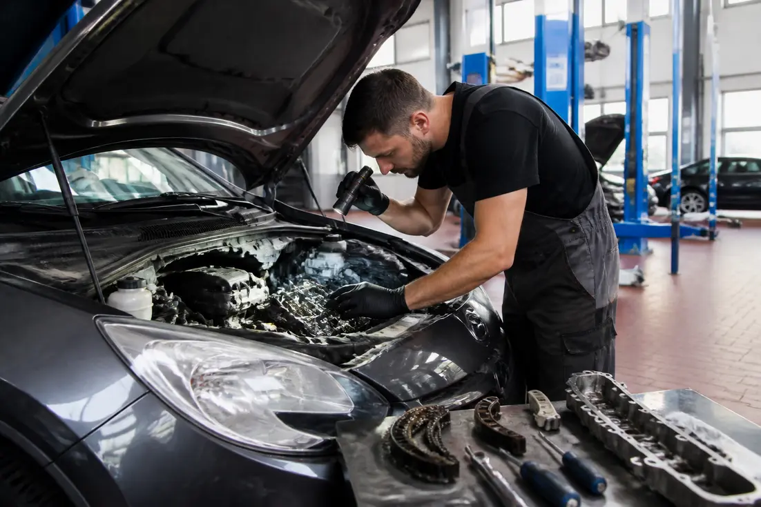 Un mécanicien examine le compartiment moteur d'une BMW Série 1 F20 dans un atelier automobile lumineux.