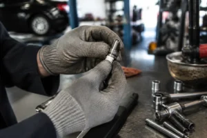 Mécanicien inspectant une pièce moteur pour savoir s'il faut choisir bougie iridium dans un atelier.