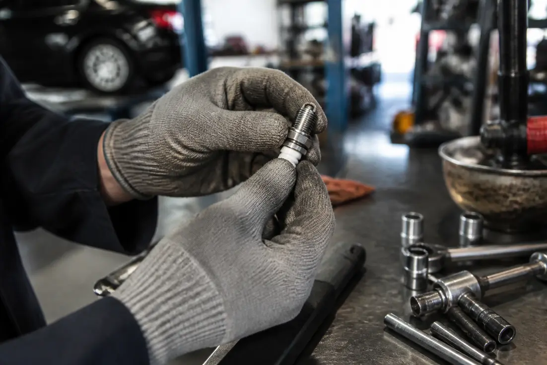 Mécanicien inspectant une pièce moteur pour savoir s'il faut choisir bougie iridium dans un atelier.