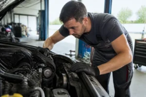 Mécanicien inspectant une courroie alternateur casse dans un atelier automobile