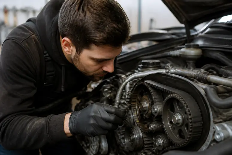 Mécanicien inspectant le bloc moteur et la courroie de distribution d'un véhicule Ford.