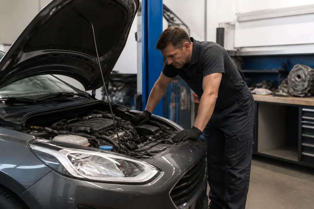 Un mécanicien examine le moteur d'une voiture dans un atelier pour analyser le prix véhicules Ford.