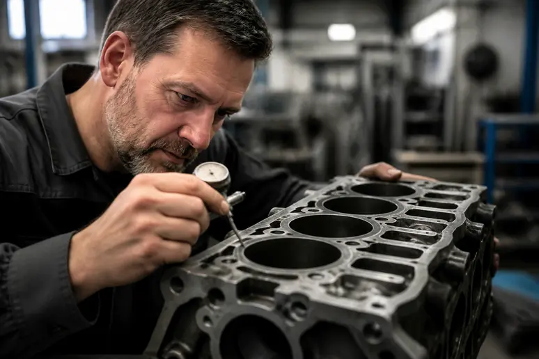 Mécanicien inspectant un bloc moteur en échange standard dans un atelier de reconditionnement industriel