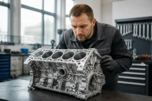 Un mécanicien examine un bloc moteur reconditionné lors d'un échange standard moteur dans un atelier.