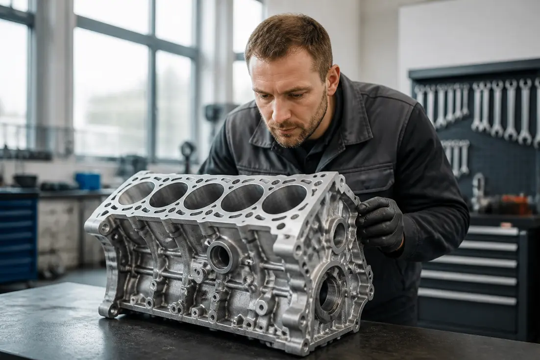 Un mécanicien examine un bloc moteur reconditionné lors d'un échange standard moteur dans un atelier.