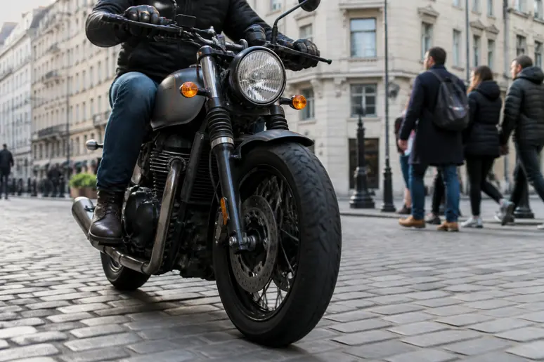 Essai dynamique de la Royal Enfield Hntr 350 en circulation urbaine avec un pilote équipé