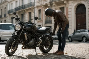 Un motard inspecte sa Royal Enfield Hntr 350 garée dans une rue pavée urbaine