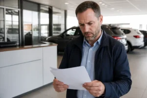 Un acheteur examine des documents administratifs mécontent des inconvénients Aramis Auto liés à la livraison
