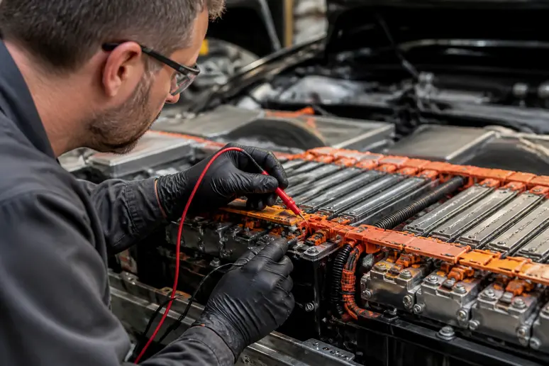 Technicien vérifiant la tension d'un pack de batterie IMA fatiguée sur une voiture hybride
