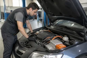 Mécanicien inspectant le moteur d'une voiture hybride en atelier pour analyser l'integrated motor assist consommation.