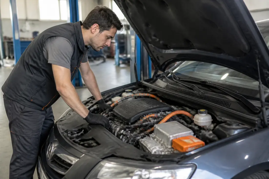 Mécanicien inspectant le moteur d'une voiture hybride en atelier pour analyser l'integrated motor assist consommation.