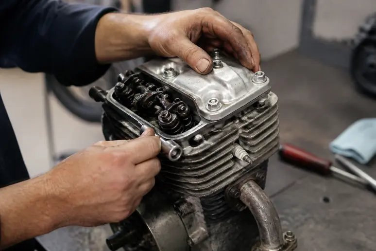 Mecanicien ajustant la culasse d'un moteur Loncin sur son etabli d'atelier