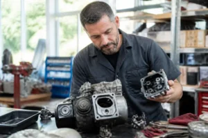 Un mécanicien inspecte des pièces détachées lors d'un entretien pour se faire un moteur Loncin avis éclairé