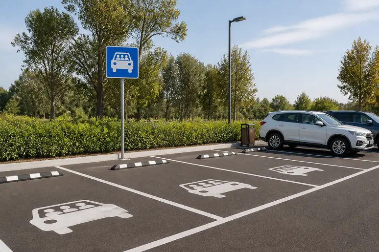 Aire de stationnement et emplacements de covoiturage délimités sur un parking autoroutier.