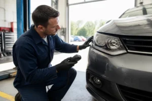 Un mécanicien examine le bloc optique d'une voiture dans un atelier pour analyser les phare xenon avantages inconvénients.