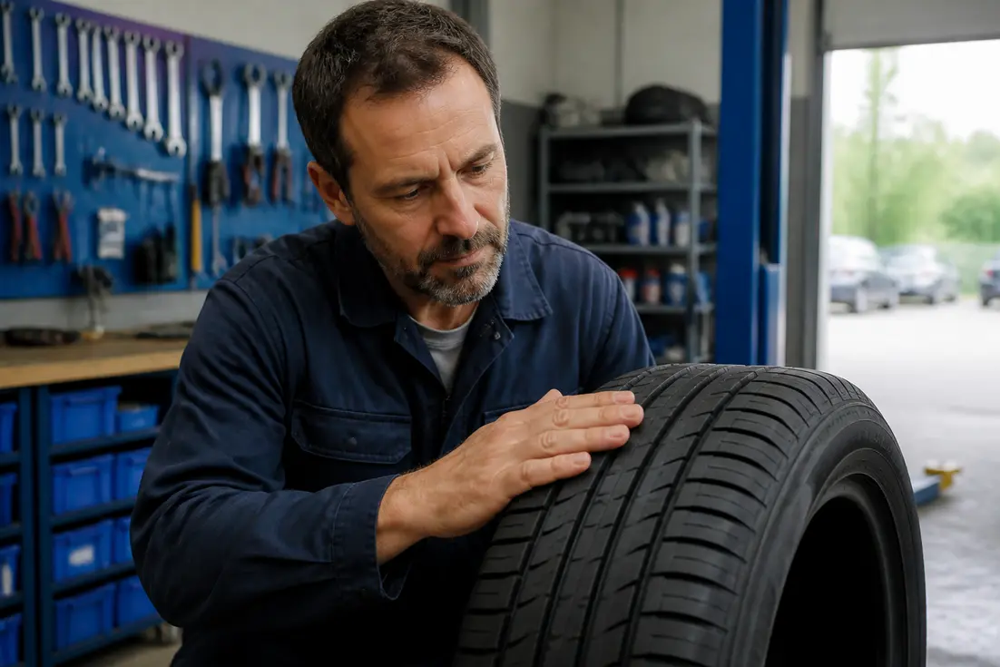 Un mécanicien examine attentivement des pneus Kumho avis lors d'un contrôle d'atelier