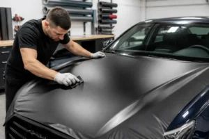 Un technicien applique un film de prix covering voiture sur le capot d'une berline dans un atelier.
