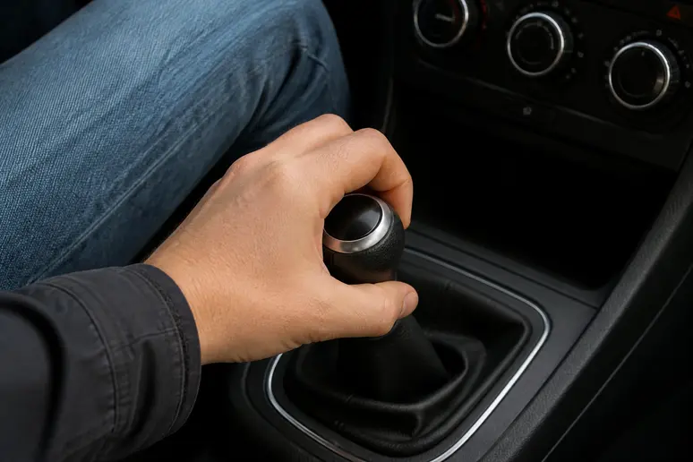 Main sur le levier de vitesses d'une boîte manuelle à cinq rapports dans une voiture