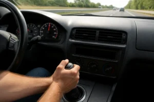 Gros plan sur un levier de vitesses manuel et un compte-tours illustrant le régime moteur à 130 km/h.