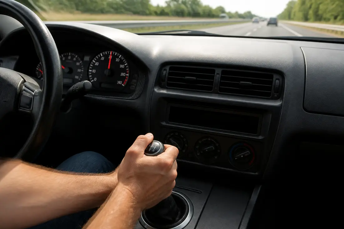 Gros plan sur un levier de vitesses manuel et un compte-tours illustrant le régime moteur à 130 km/h.