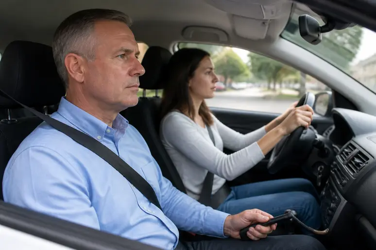Moniteur d'auto-école installé sur le siège passager avec doubles commandes lors d'une leçon de conduite