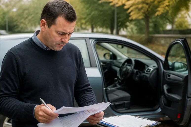 Moniteur d'auto-école indépendant consultant son planning et ses documents professionnels près de son véhicule