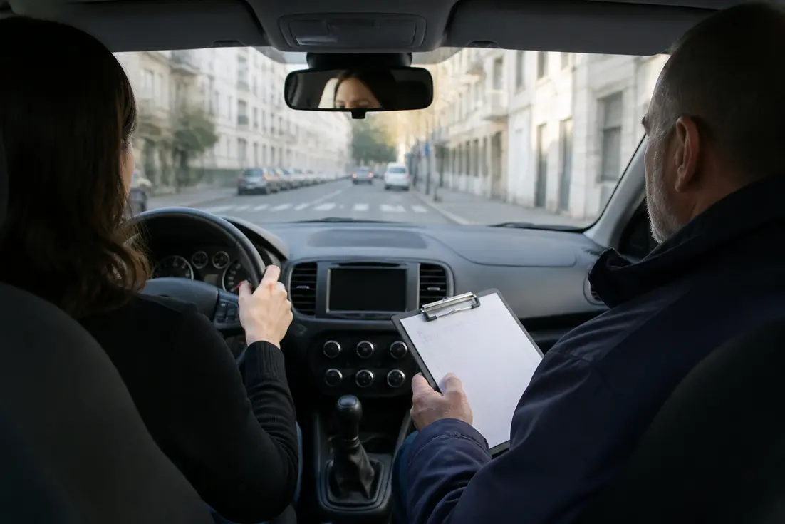 Un formateur auto-école observe la route lors d'une leçon pratique avec le salaire moniteur auto ecole france