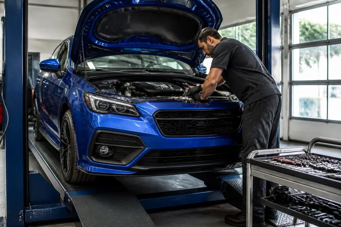 Un mécanicien inspecte le moteur d'une voiture pour évaluer les performances de la subaru wrx en atelier