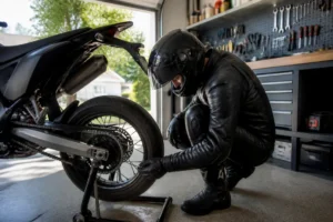 Jeune motard préparant sa moto dans son atelier pour un projet supermotard débutant